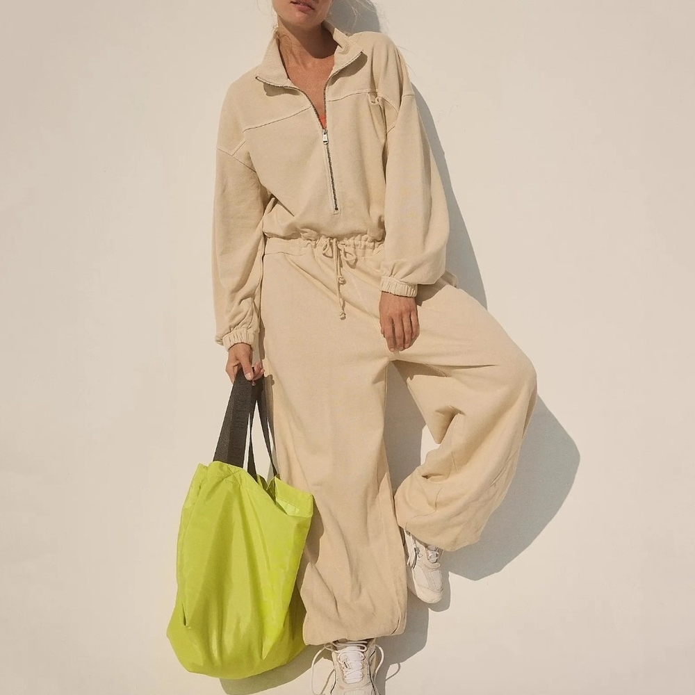 Free People Cream Jumpsuit with Zipper